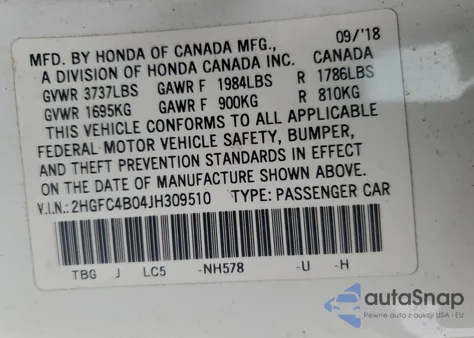 2018 Honda Civic Lx из США, поврежденный, VIN 2HGFC4B04JH309510